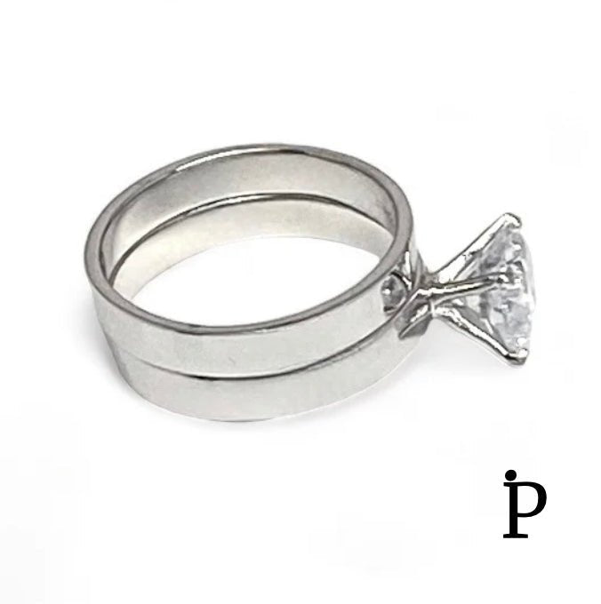 (ACP - 98) .925 Plata Conjunto Anillos CZ Rdonda & Lisa - JoyeriaParis