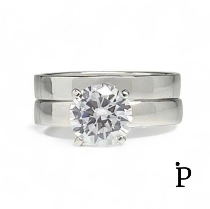 (ACP - 98) .925 Plata Conjunto Anillos CZ Rdonda & Lisa - JoyeriaParis