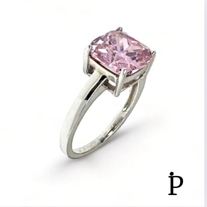 (AE - 02) .925 Plata Anillo Cojin Circonita Rosa - JoyeriaParis