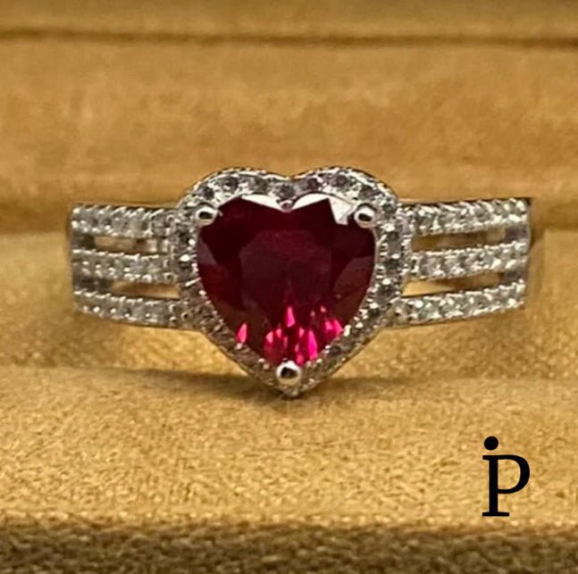 (AE - 10) .925 Plata Anillo Circonita Cubica Corazon Rubi - JoyeriaParis