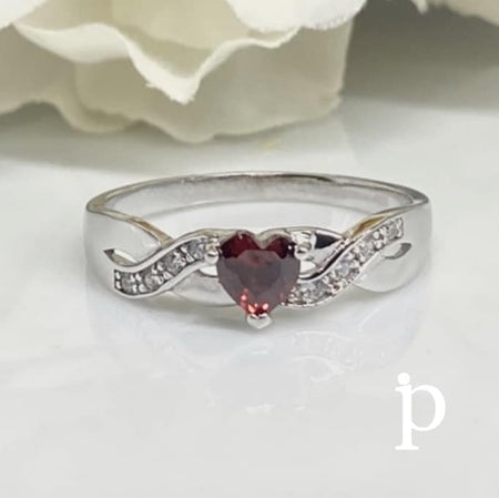 (AE - 102) .925 Plata Anillo Promesa Forma Corazon CZ Rojo Oscuro - JoyeriaParis