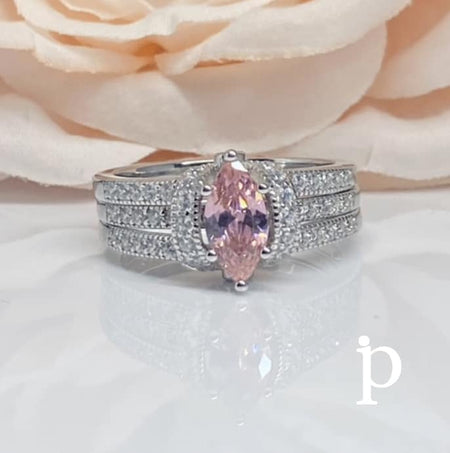 (AE - 105) .925 Plata Anillo Set CZ Rosa Marquesa - JoyeriaParis