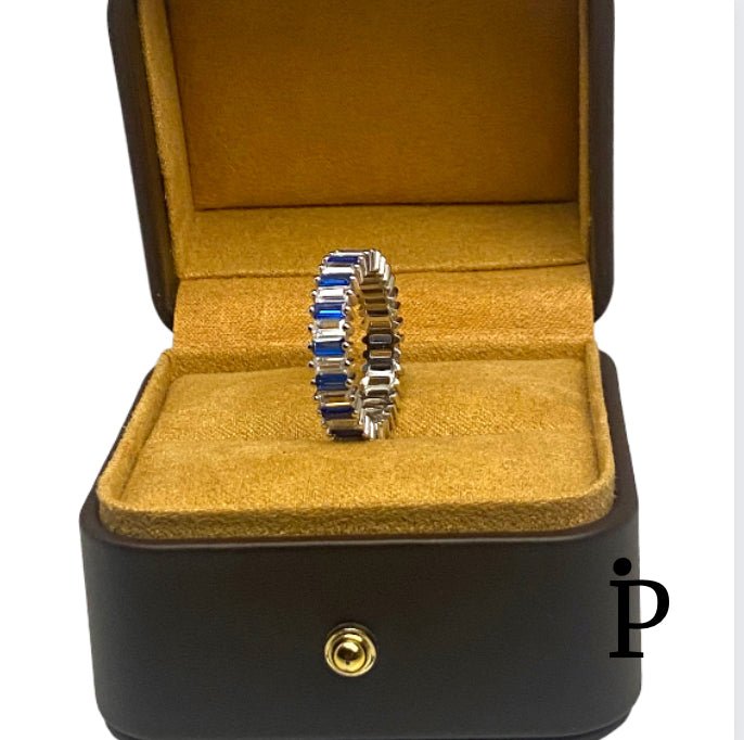 (AE - 112).925 Plata Argolla Boda Corte Esmeralda Blanca & Azul Zafiro. - JoyeriaParis