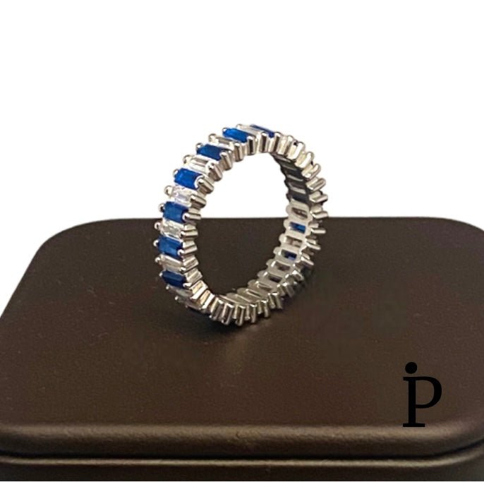 (AE - 112).925 Plata Argolla Boda Corte Esmeralda Blanca & Azul Zafiro. - JoyeriaParis