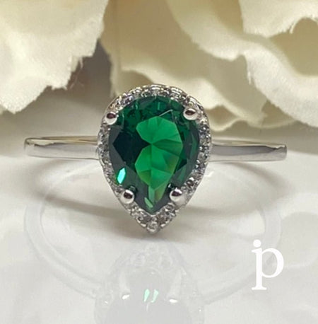 (AE - 114).925 Plata Anillo Pera Lágrima Esmeralda Verde Simulada - JoyeriaParis