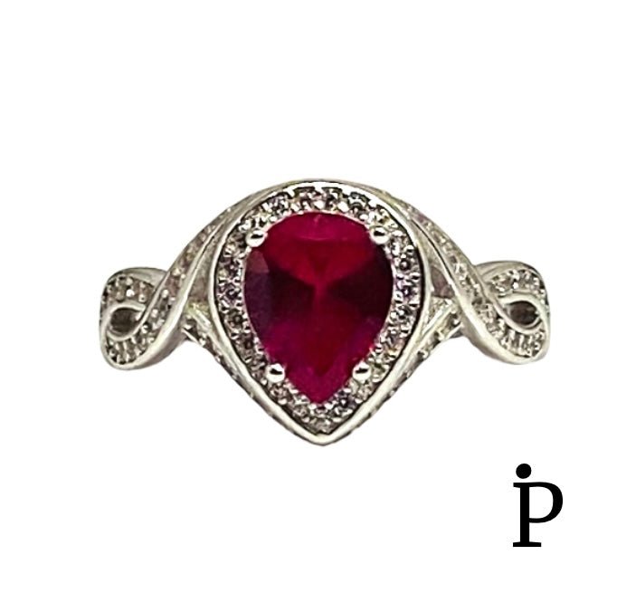 (AE - 118) .925 Plata Anillo Lágrima Circonita Cúbica Rubí Simulado - JoyeriaParis