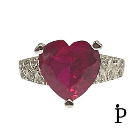 (AE - 14). 925 Plata Anillo Circonita Cubica Corazon Rubi Simulado - JoyeriaParis