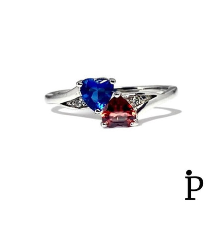 (AE - 15) .925 Plata Anillo Doble Corazon Granate y Circonita Cubica Azul - JoyeriaParis