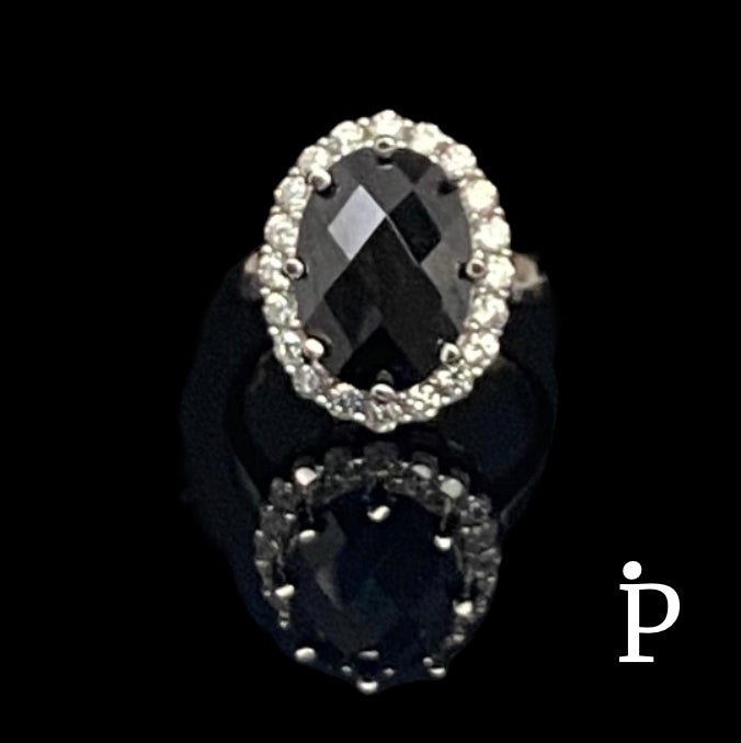 (AE - 17) .925 Plata Anillo Onix Negro Corte Ovalo - JoyeriaParis