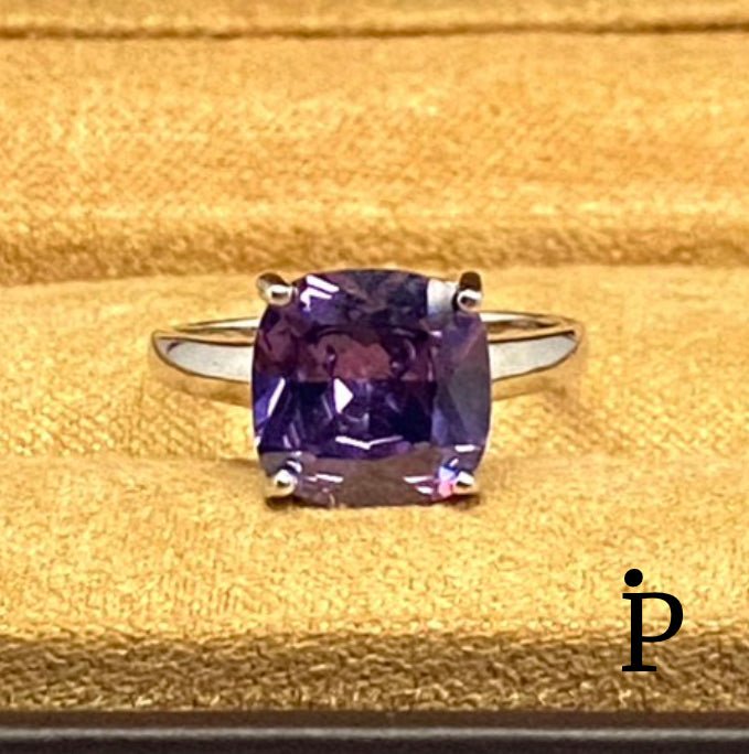 (AE - 18) .925 Plata Anillo Amatista Circonita Cúbica Tallada En Cojin - JoyeriaParis