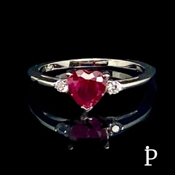 (AE - 20) .925 Plata Anillo Corazon Circonita Cúbica Rubí. - JoyeriaParis