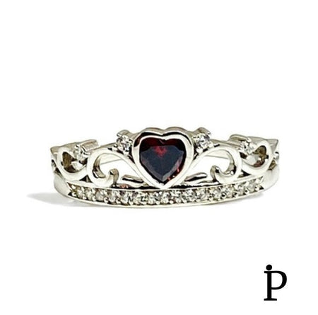 (AE - 28) .925 Plata Anillo Circonita Cúbica Corona Corazon Granate - JoyeriaParis