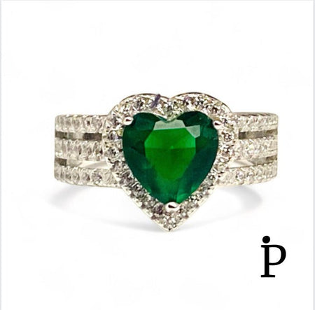 (AE - 29) .925 Plata Anillo Circonita Cúbica Corazon Verde - JoyeriaParis