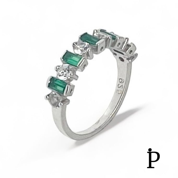 (AE - 34) .925 Plata Anillo Circonita Cúbica Redonda & Baguette Verde - JoyeriaParis