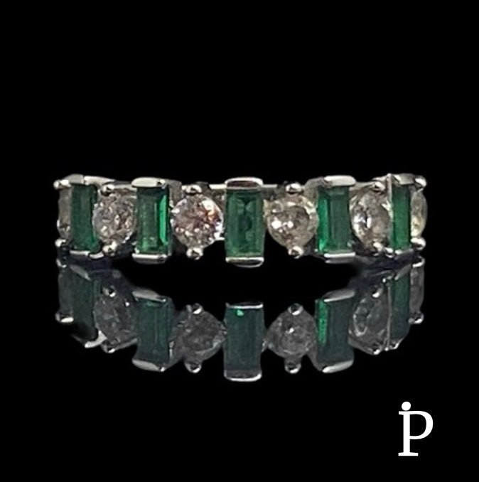 (AE - 34) .925 Plata Anillo Circonita Cúbica Redonda & Baguette Verde - JoyeriaParis