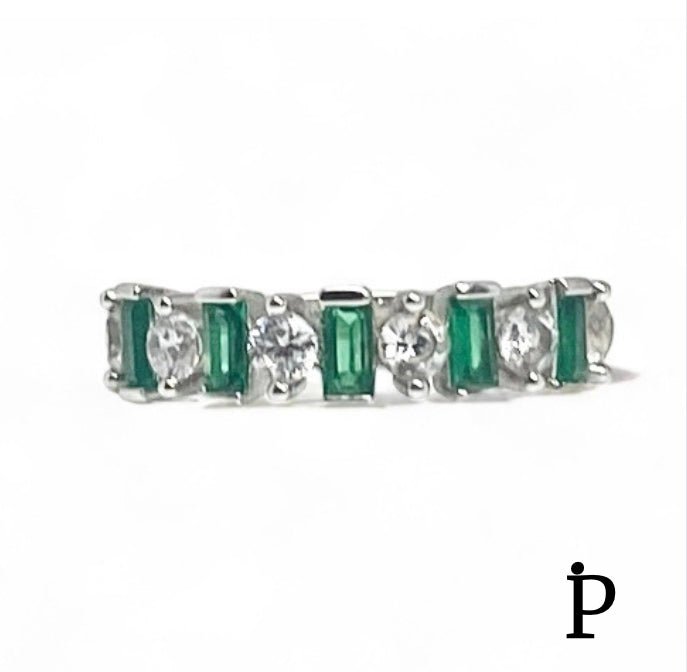 (AE - 34) .925 Plata Anillo Circonita Cúbica Redonda & Baguette Verde - JoyeriaParis