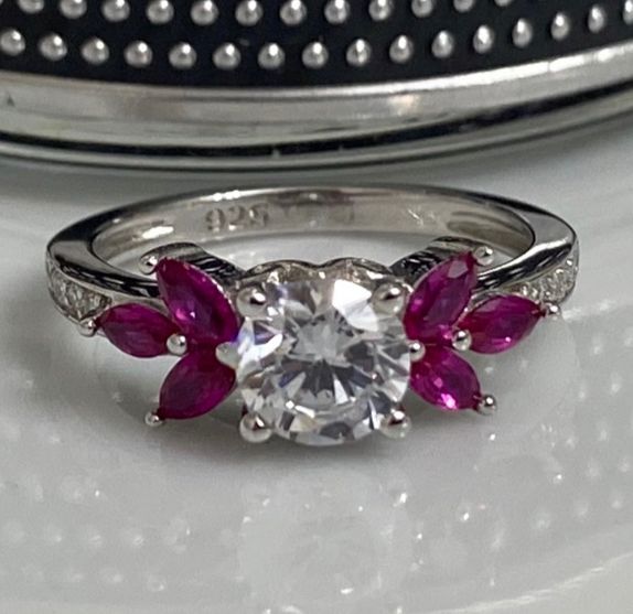 (AE - 39) .925 Plata Anillo Flor de Plumeria rubí CZ - JoyeriaParis