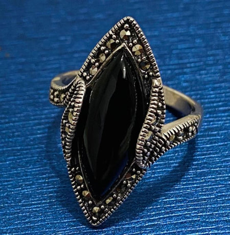 (AE - 47) .925 Plata Anillo Ónix Negro Marquesa Marcasita - JoyeriaParis