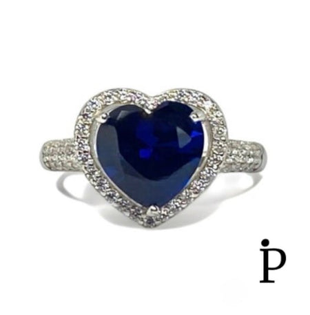 (AE - 49) .925 Plata Anillo Zafiro Forma Corazón Halo Circonita Cúbica - JoyeriaParis