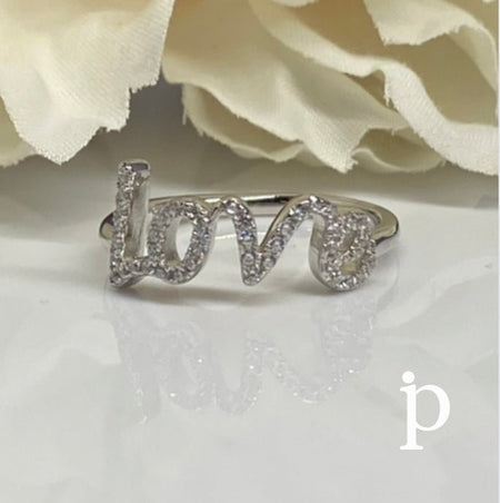 (AE - 50) .925 Plata Anillo CZ Letra Cursiva "AMOR" - JoyeriaParis