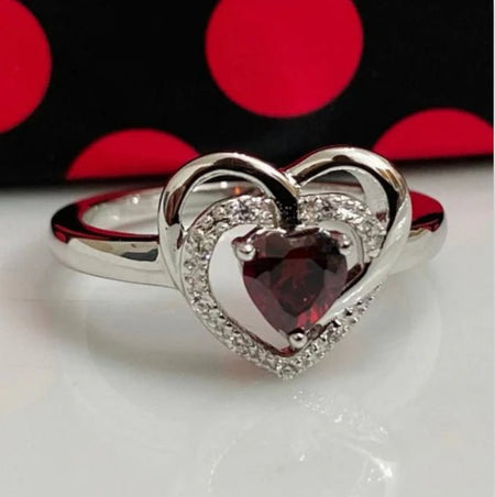 (AE - 55) .925 Plata Anillo Granate Corazón CZ - JoyeriaParis