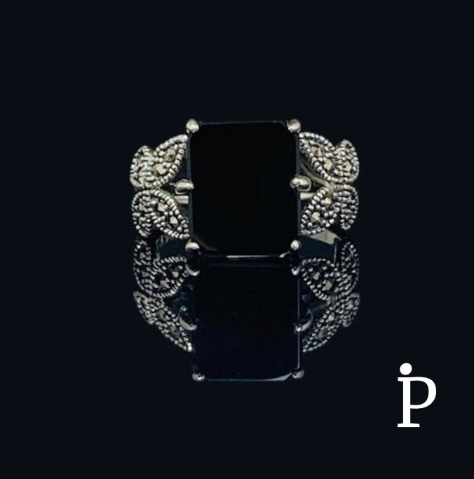 (AE - 58) .925 Plata anillo con piedra negra y mariposa. - JoyeriaParis