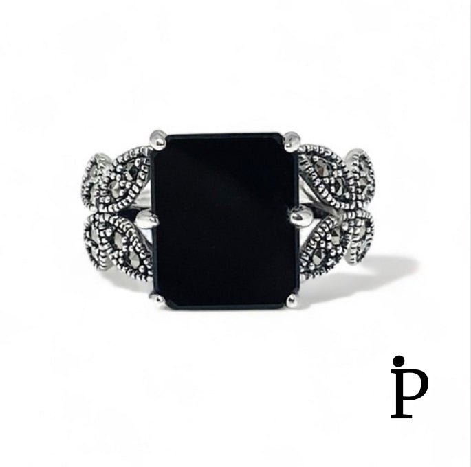 (AE - 58) .925 Plata anillo con piedra negra y mariposa. - JoyeriaParis