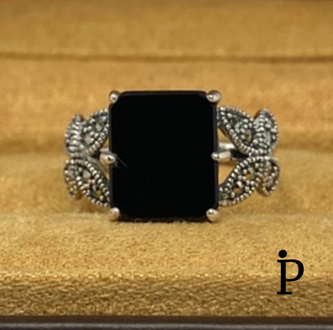 (AE - 58) .925 Plata anillo con piedra negra y mariposa. - JoyeriaParis