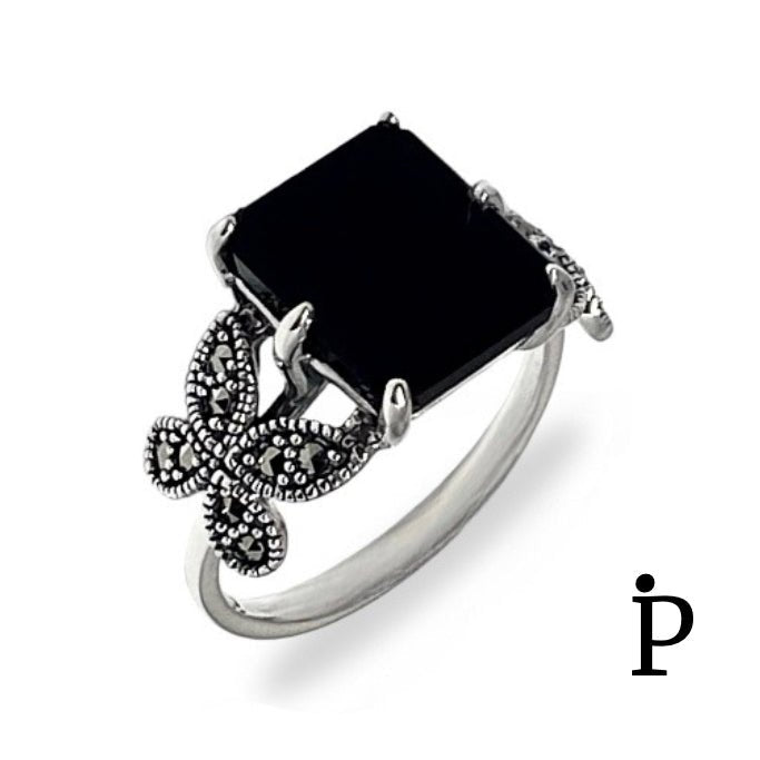 (AE - 58) .925 Plata anillo con piedra negra y mariposa. - JoyeriaParis