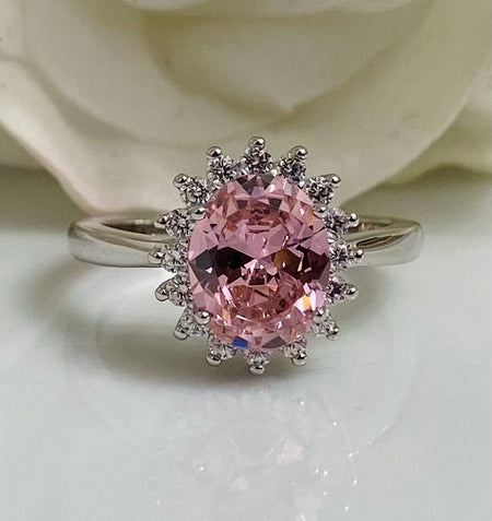 (AE - 61) .925 Plata Anillo Cironita Cúbica Rosa Oval - JoyeriaParis