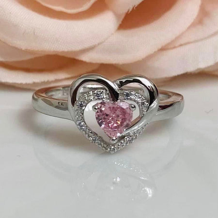 (AE - 64) .925 Plata Anillo CZ Corazón Rosa - JoyeriaParis