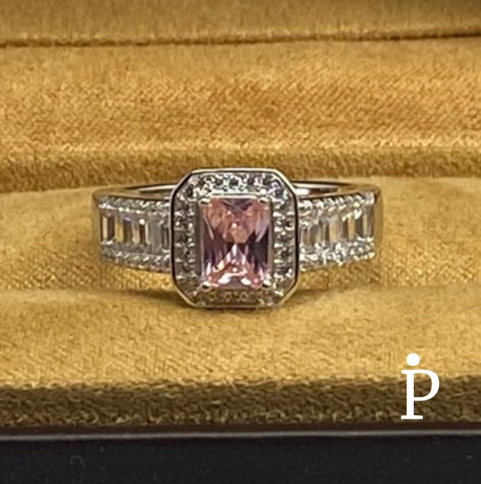 (AE - 72) .925 Plata Anillo Piedra Preciosa Rosa Corte Esmeralda Moderno - JoyeriaParis