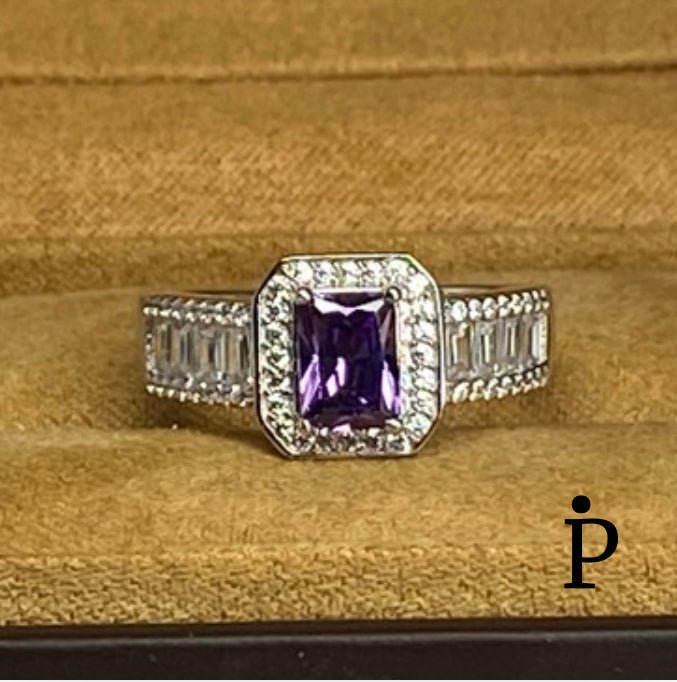 (AE - 73) .925 Plata Anillo Amatista Corte Esmeralda CZ Claro - JoyeriaParis