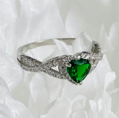 (AE - 75) .925 Plata Anilo Circonita Cúbica Verde Corazón Halo - JoyeriaParis