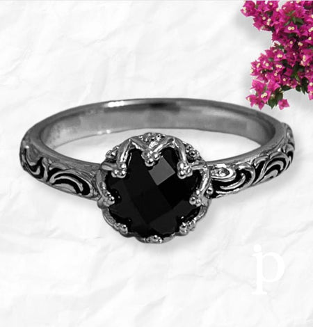 (AE - 76) .925 Plata Anillo Floral Negro CZ - JoyeriaParis