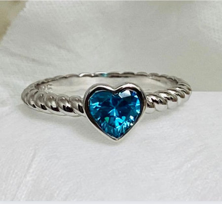 (AE - 77) .925 Plata Anillo Circonita Cúbica Preciosa Topacio Azul Corazón Romántico - JoyeriaParis