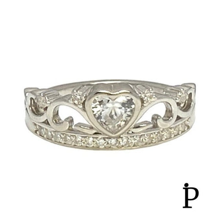 (AE - 87).925 Plata Anillo Circonita Cúbica Blanca Corazón Corona - JoyeriaParis