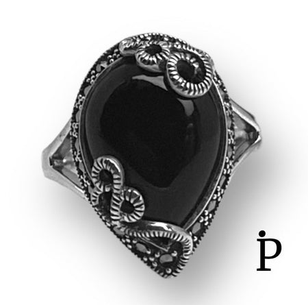 (AE - 90) .925 Plata anillo de marcasita con ónix negro en forma de pera. - JoyeriaParis