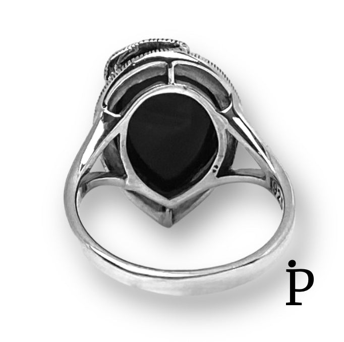 (AE - 90) .925 Plata anillo de marcasita con ónix negro en forma de pera. - JoyeriaParis