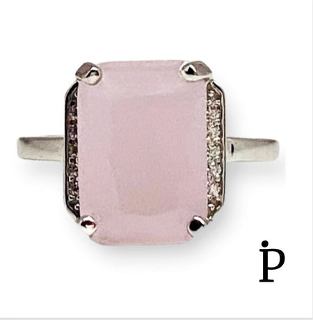 (AE - 98) .925 Plata Anillo Rectangular Grande Vidrio Rosa - JoyeriaParis