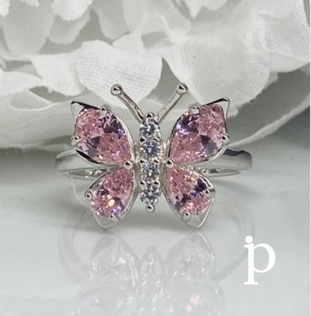 (AE - 99).925 Plata Anillo Forma Mariposa Grande CZ Rosa - JoyeriaParis