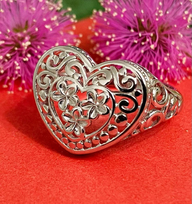 (ALP - 13) .925 Plata Anillo Forma Forazón Flores - JoyeriaParis