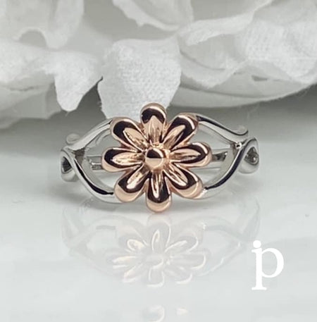 (ALP - 21) .925 Plata Anillo Flor Dos Tonos - JoyeriaParis