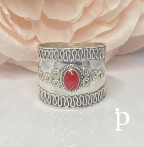 (ALP - 49) .925 Plata Anillo Estilo Bali Piedra Artificial Coral Rojo. - JoyeriaParis