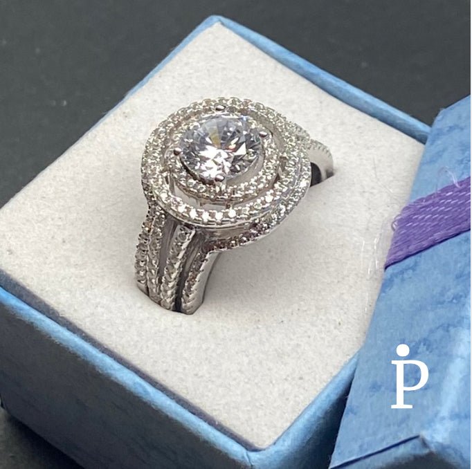 Anillo De Plata De Ley con Doble Halo Redondo CZ - JoyeriaParis