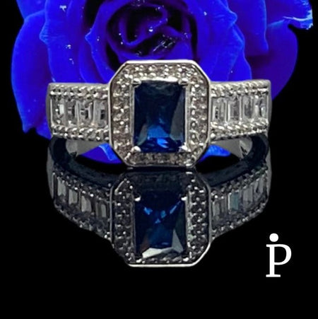 Anillo De Plata De Ley Corte Esmeralda CZ Azul - JoyeriaParis