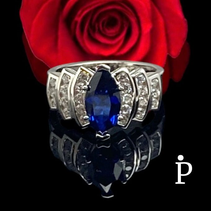 Anillo De Plata De Ley Corte Marquesa Azul - JoyeriaParis