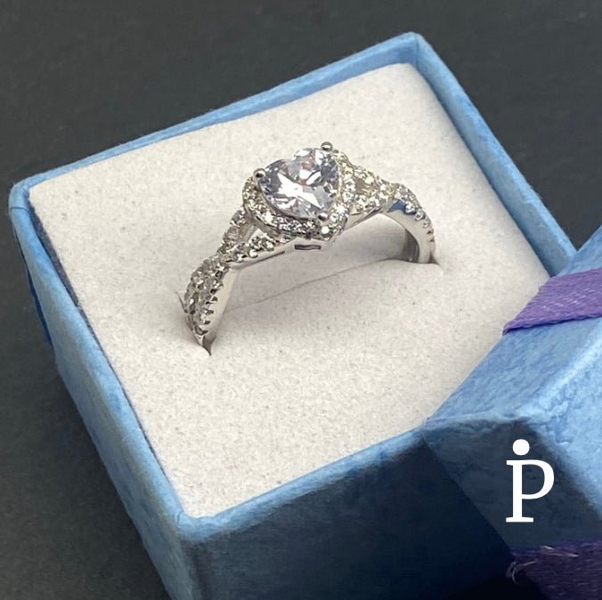 Anillo De Plata De Ley de Plata con CZ y Halo de Corazón - JoyeriaParis