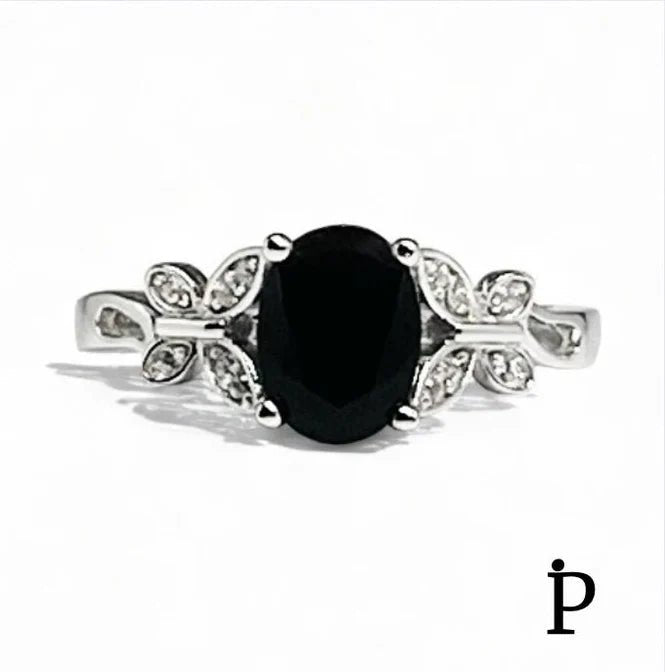 Anillo De Plata De Ley Piedra Central Negra Dos Mariposas - JoyeriaParis