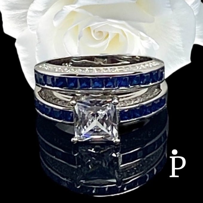 Anillos De Plata De Ley Conjunto Bodas Zafiro & Blanco de Corte Princesa - JoyeriaParis